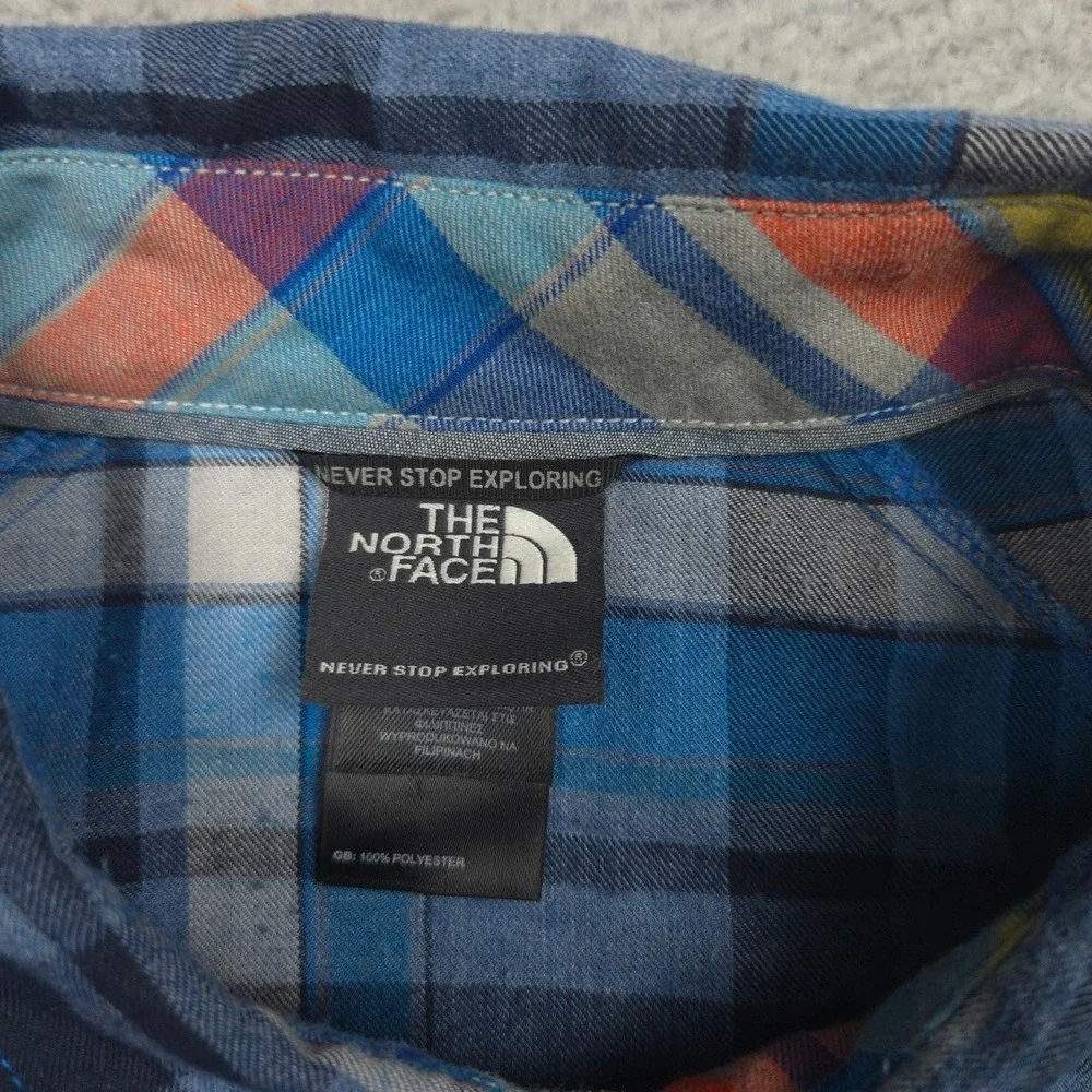 The North Face Plaid Button Up Shirt Mens L Blue Outdoor Hiking Polyester